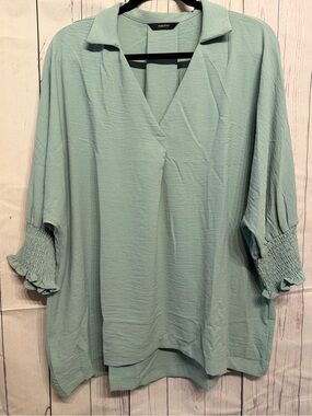 Casual V-Neck Smocked Sleeve Top - Sage Green